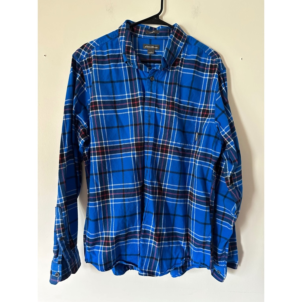Eddie Bauer Mens Large Classic Fit Blue Plaid Flannel Button Down Shirt Cotton